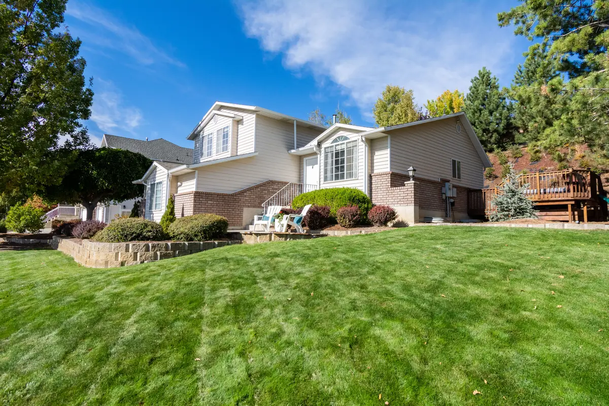 A lush residential lawn and landscaped garden in front of a suburban home